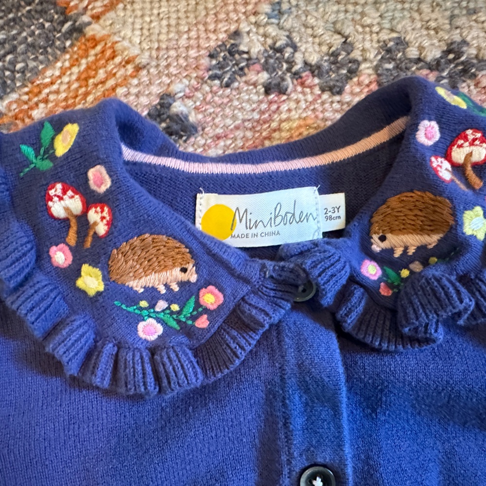 Mini Boden Blue Cardigan with Woodland Embroidery